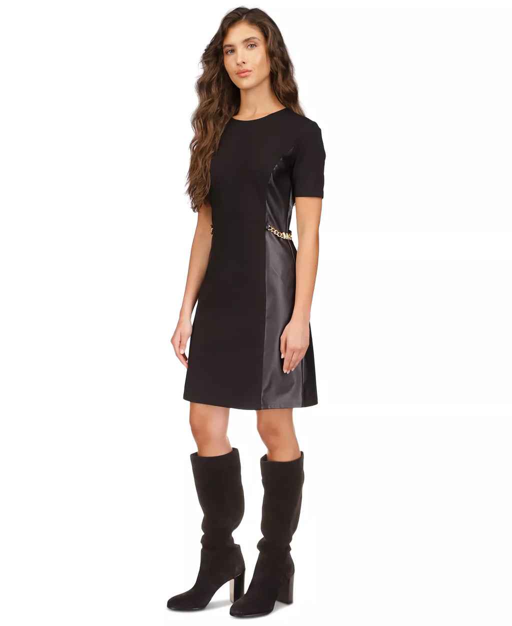 Faux-Leather Mixed-Media Chain Dress
