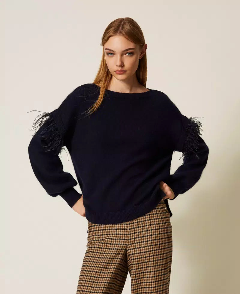 Loose Feather Detail Navy Sweater