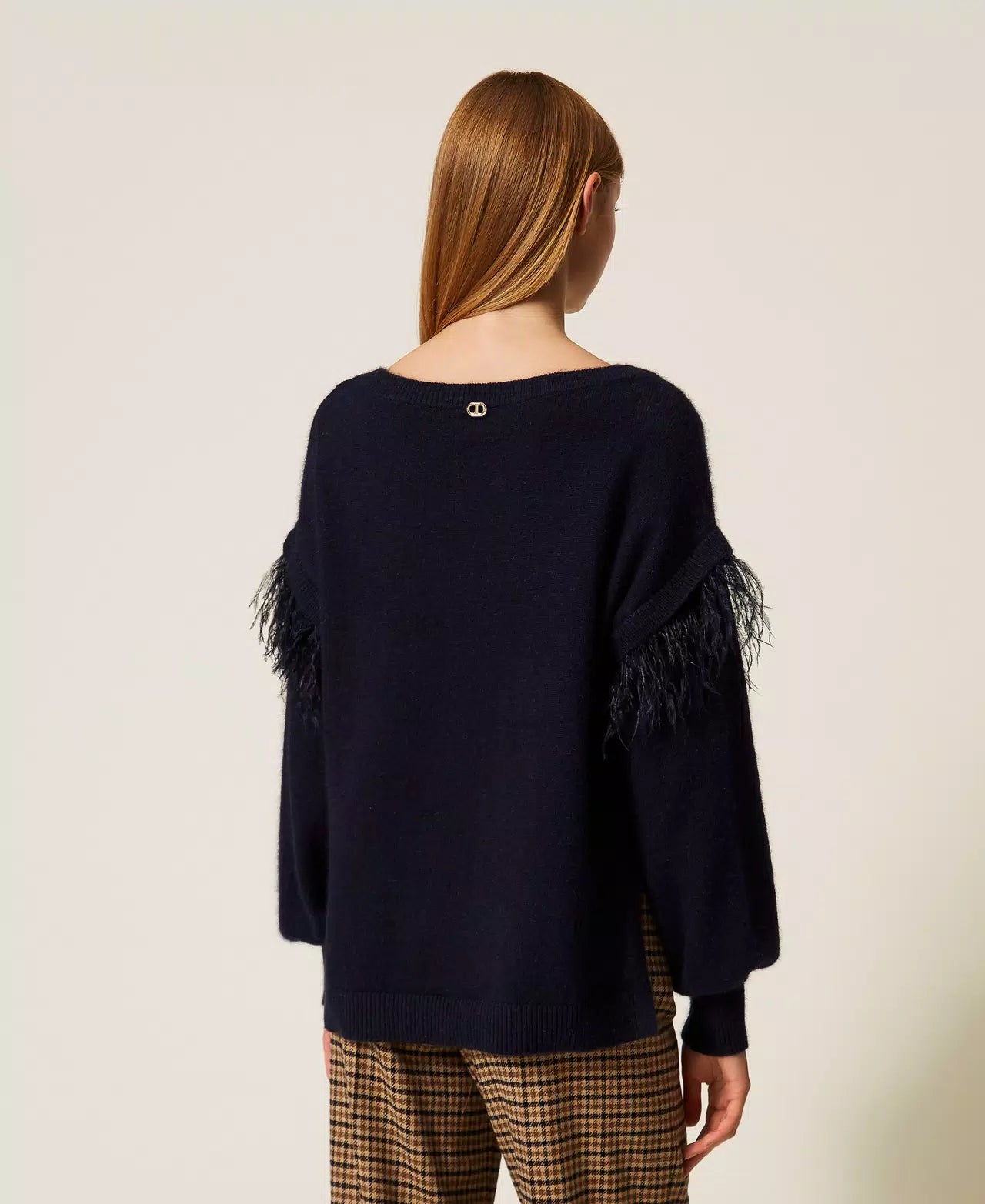 Loose Feather Detail Navy Sweater
