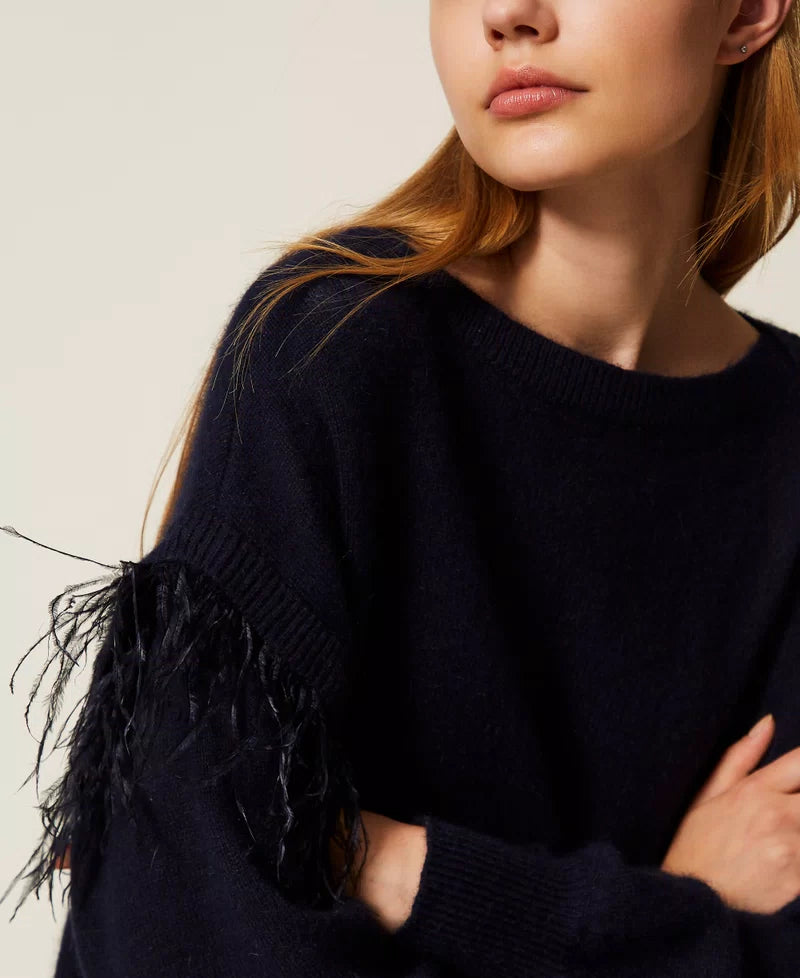 Loose Feather Detail Navy Sweater