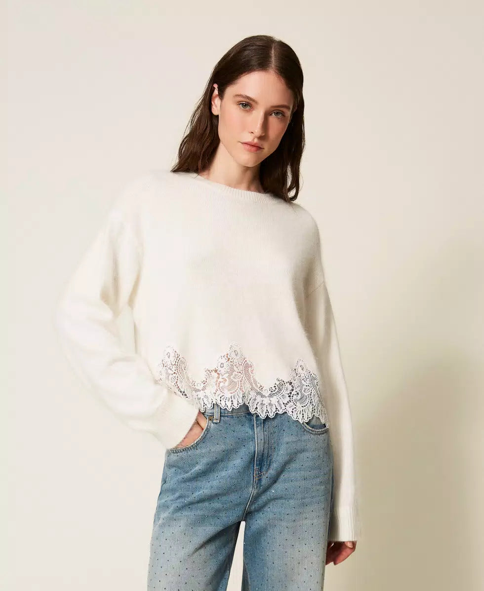 Bianco Lace Trim Angora Mix Sweater