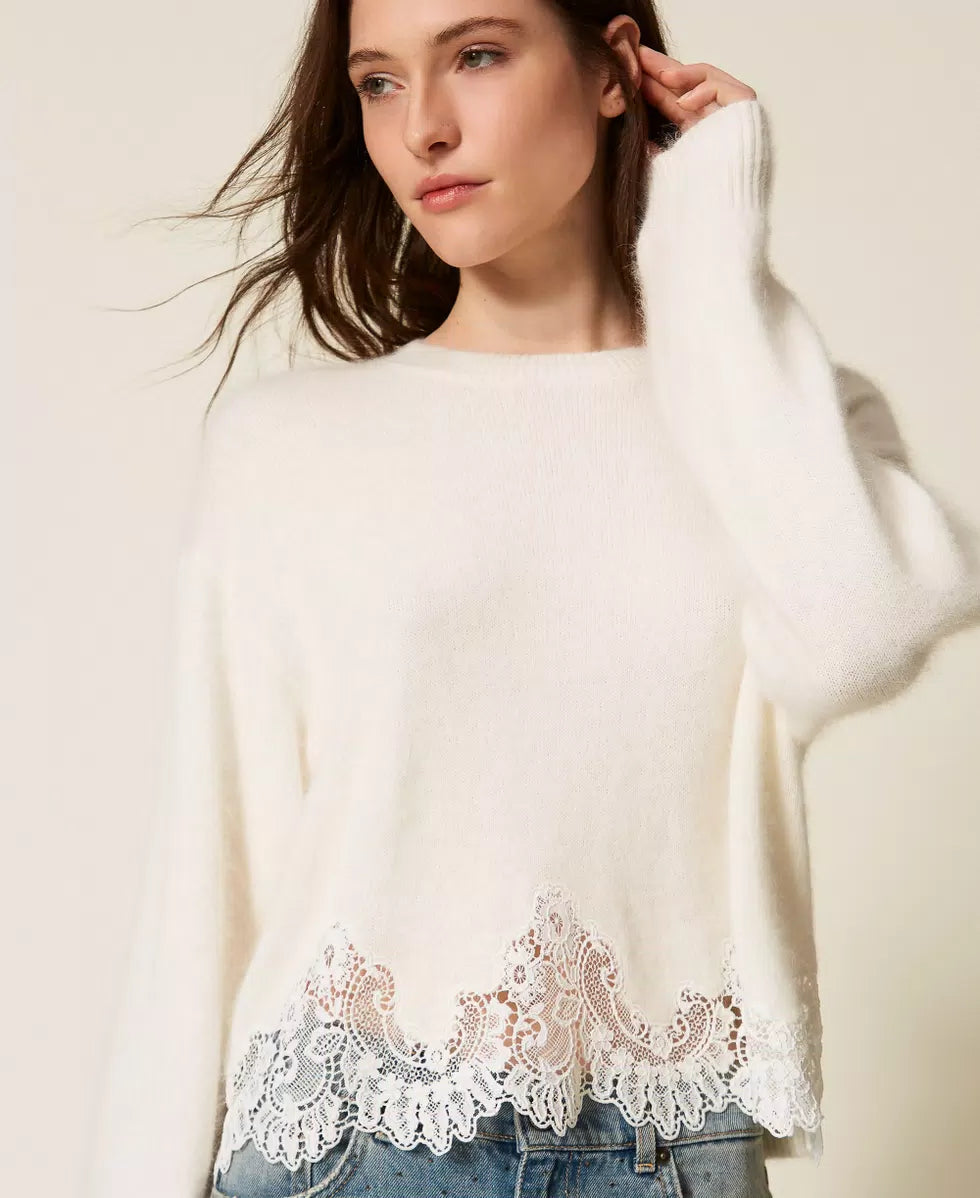 Bianco Lace Trim Angora Mix Sweater