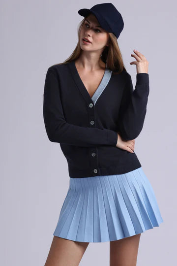 Cotton Cashmere V Neck Cardigan with Contrast Placket