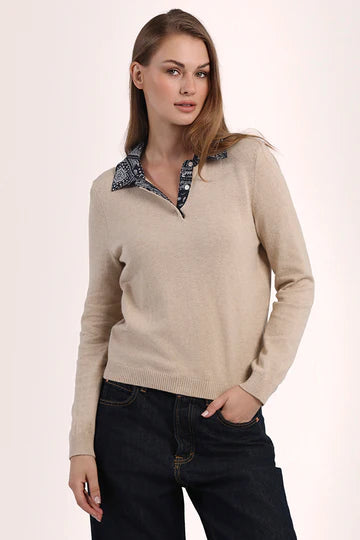 Cotton Cashmere Woven Bandana Collar Pullover