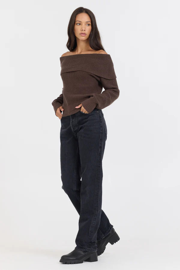 Espresso Off Shoulder Back Zip Sweater