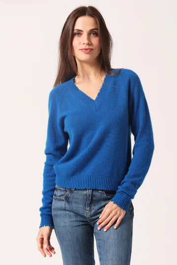 Cashmere Frayed Edge Cropped V Neck