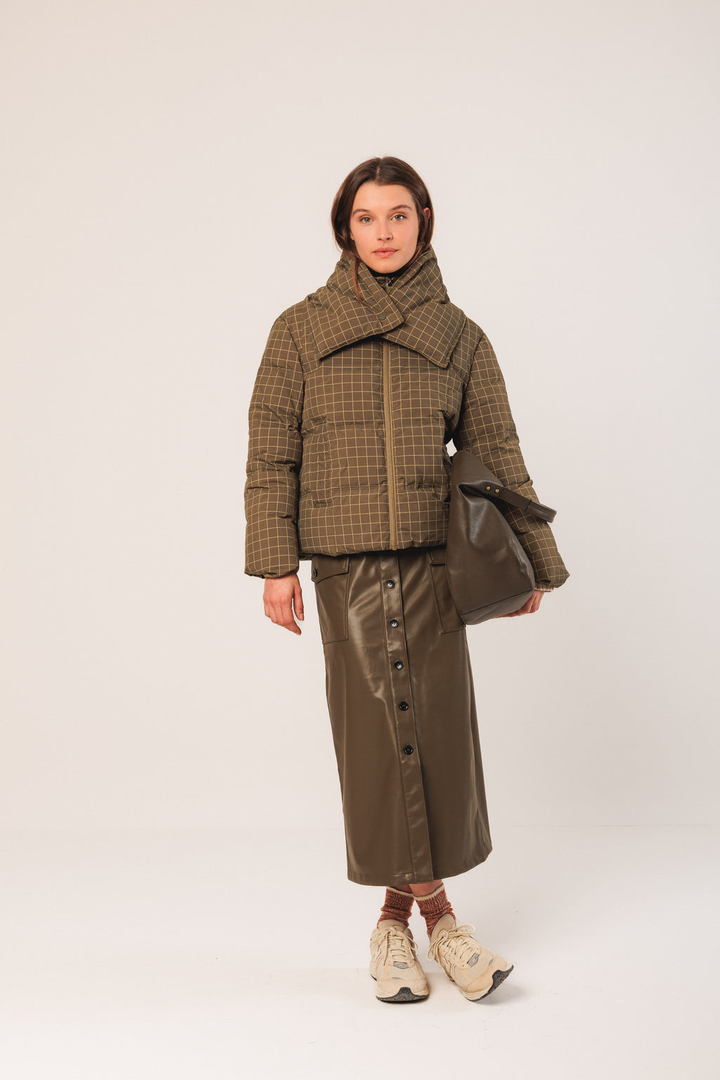 Short Checkered Puff Coat