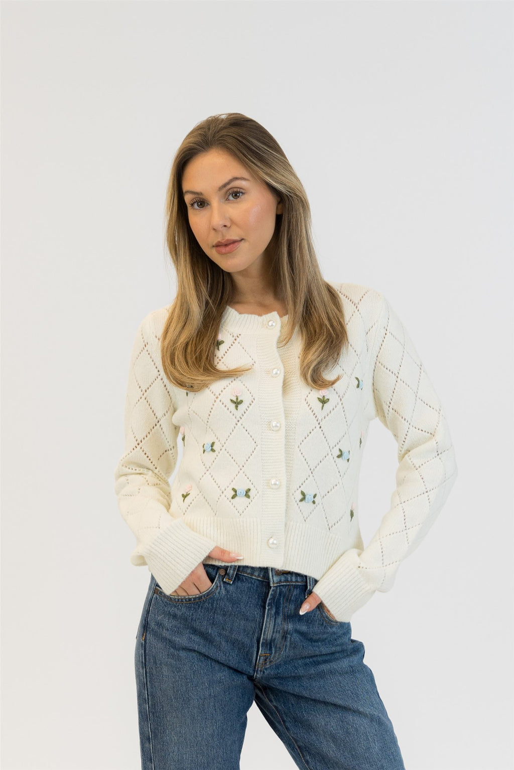 Lacey Eco White Cardigan w/ Roses