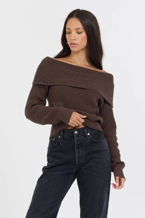 Espresso Off Shoulder Back Zip Sweater