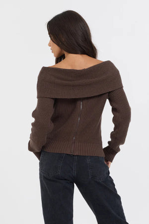 Espresso Off Shoulder Back Zip Sweater