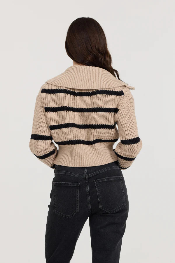 Black/Camel Stripe Double Zip Up Knit