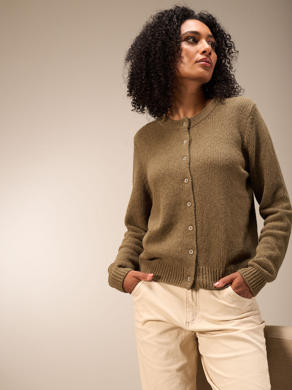 Olive Boucle Cardigan Sweater