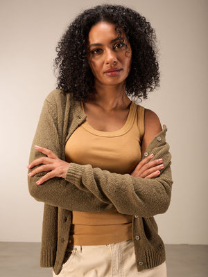 Olive Boucle Cardigan Sweater